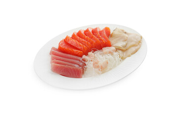 Tasty sashimi set (raw tuna, slices of salmon, shrimp and oily fish) served with funchosa isolated on white