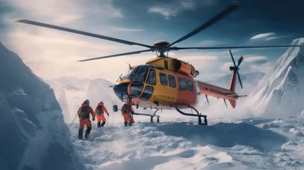 Tuinposter Rescue helicopter rescues climbers on snow trapped. © visoot