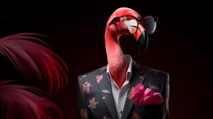 Craft a stylish flamingo with shades, posing against a sleek jet-black backdrop.