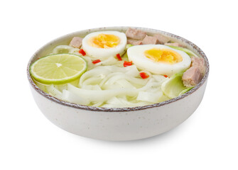 Bowl of delicious rice noodle soup with meat and egg isolated on white