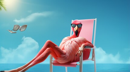 Craft an elegant flamingo in fashionable glasses, lounging on a serene azure background.