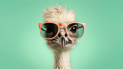 Deurstickers Craft an elegant ostrich in fashionable glasses, lounging on a serene mint green background. © Ullah