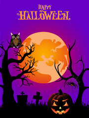Halloween day festval icons for banners, cards, flyers, social media wallpapers, etc. Halloween illustration. Horizontal banner with pumpkins on night background. Autumn landscape.