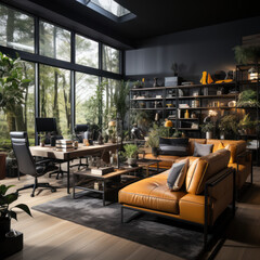 cozy office interior design black leather modern 
