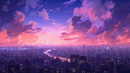 Skyline above Tokyo, pink and purple gradient sky with shooting stars