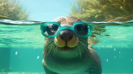 Create a stylish platypus in glasses, swimming gracefully in a turquoise pool.