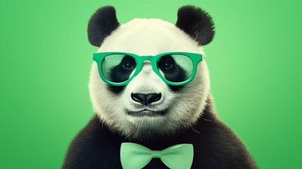 Create a suave panda sporting spectacles, enjoying bamboo on a mint green background.