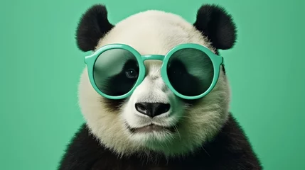 Poster Create a suave panda sporting spectacles, enjoying bamboo on a mint green background. © Ullah