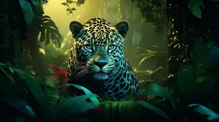 Naklejka na ściany i meble Create a trendy jaguar in glasses, prowling through a dense emerald rainforest.