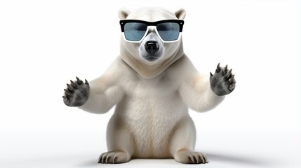 Create an elegant polar bear in sunglasses, standing tall on an arctic ice-white backdrop.