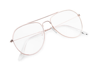 Stylish glasses with metal frame isolated on white