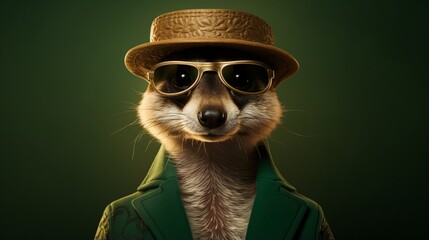 "Design a mesmerizing depiction of a chic meerkat wearing a stylish cap on a deep forest green background."