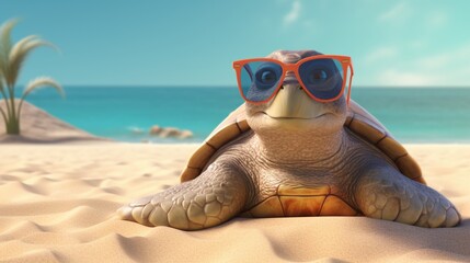 Design a trendy sea turtle with spectacles, lounging on a sandy beige backdrop. - obrazy, fototapety, plakaty