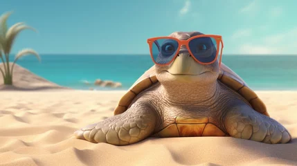 Fotobehang Design a trendy sea turtle with spectacles, lounging on a sandy beige backdrop. © Ullah