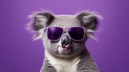 Develop a sophisticated koala sporting trendy eyewear, set against a sleek lavender backdrop.