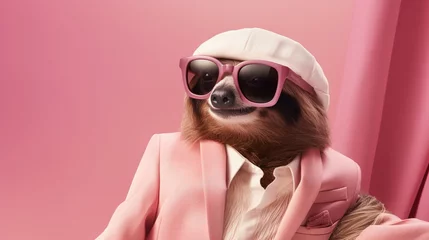 Keuken spatwand met foto Fashion a fashionable sloth in shades, hanging gracefully on a dusty rose canvas. © Ullah