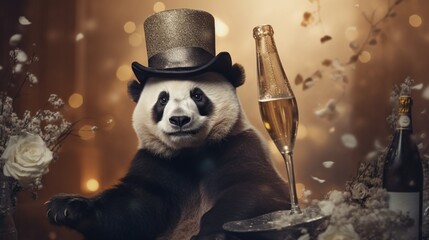 "Fashion a striking picture of a poised panda in a trendy cap on an elegant champagne background."