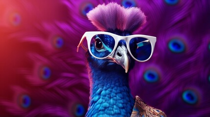 Fashion a trendy peacock wearing glasses, set against a royal blue canvas.