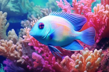 Naklejka na ściany i meble Blue chromis damselfish swimming amidst coral reef in vibrant digital watercolor. Generative AI