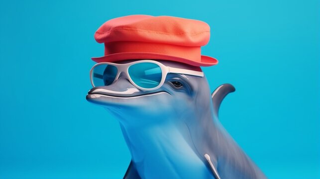 "Fashion a striking image of a dapper dolphin in a cap on a vibrant azure background."