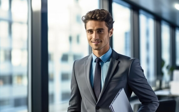 Happy young businessman in office, Positive confident professional, Confident good looking.