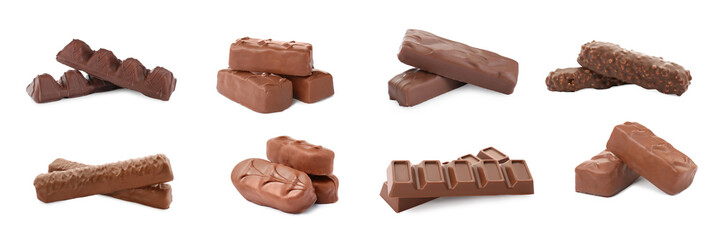 Set with many yummy chocolate bars isolated on white