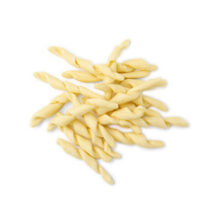 Pile of uncooked trofie pasta isolated on white, top view