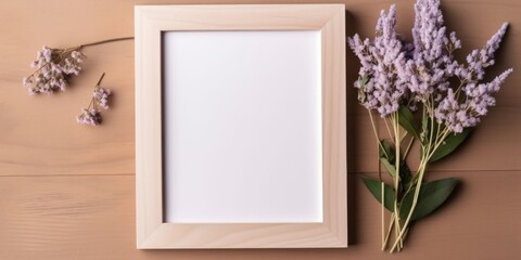 natural wood color empty photo frame on a wooden table, generative AI