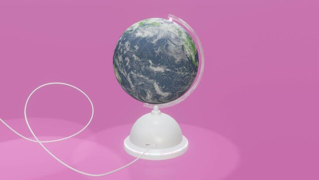 earth globe with usb connector and cable connecting and rotating 3d animation on the pink floor background. Elements of this image furnished by NASA