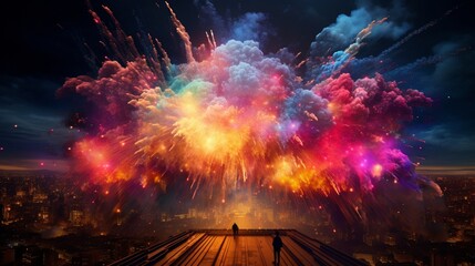 Craft a captivating AI artwork, an explosion of colors that mimic the dance of fireworks on a grand scale.