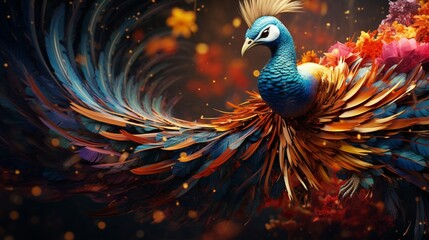 Craft a digital symphony of vibrant plumes, evoking the grace of exotic birds in flight. - obrazy, fototapety, plakaty