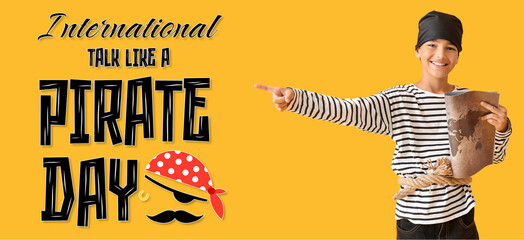 Banner for Talk Like a Pirate Day with little boy holding treasure map on yellow background