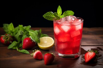 Refreshing summer beverage with strawberries and basil, great for cooling off. Can be prepared with or without alcohol. Generative AI