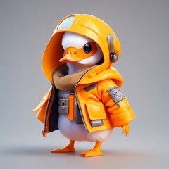 Isometric view of a MINI cute hyperrealistic futuristic soldier Duckling wearing a cyberpunk jacket.