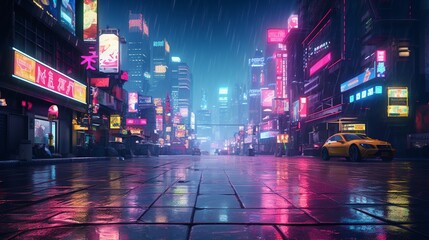 Craft an image that emulates the vibrancy of neon signs reflected on a rainy city street. - obrazy, fototapety, plakaty