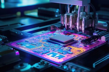 High-tech semiconductor manufacturing, experimenting with futuristic materials, futuristic technology lab, advanced automation and cyber innovation, the intelligence of neon lasers, Generative AI.