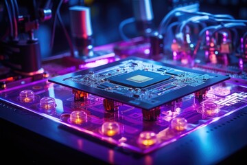 High-tech semiconductor manufacturing, experimenting with futuristic materials, futuristic technology lab, advanced automation and cyber innovation, the intelligence of neon lasers, Generative AI.