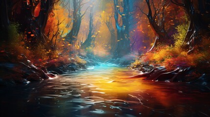 Obraz na płótnie Canvas Create an image of liquid color blending and converging like streams meeting in a hidden forest.