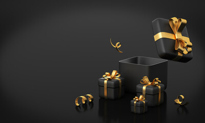 Black gift box with golden ribbon bow on black background. 3d rendering.