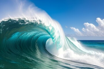 美しい青緑色の大波が自己を巻き込む、泡立つ海の力強さと静寂を描いた、ホライゾンラインが見える晴れた青空を背景にしたオーシャンビュー - obrazy, fototapety, plakaty