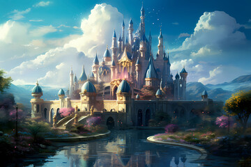 Castle Fantasy landscape with bridge and river. Princess Castle on the cliff. Fairy tale castle in the mountains. Beautiful Magic nature city.