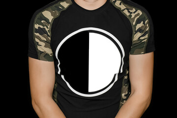 Yin and yang sign symbol black and white contrast round circle on the T-shirt for text and design...