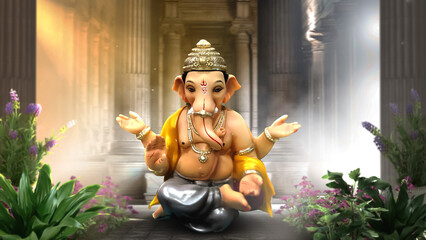 Ganesh Illustration of colorful hindu lord Ganesha on decorative background- Graphical poster modern art 3D wallpaper
