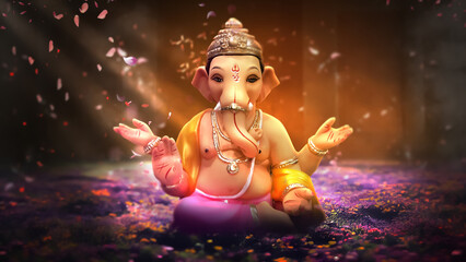 Ganesh Illustration of colorful hindu lord Ganesha on decorative background- Graphical poster...