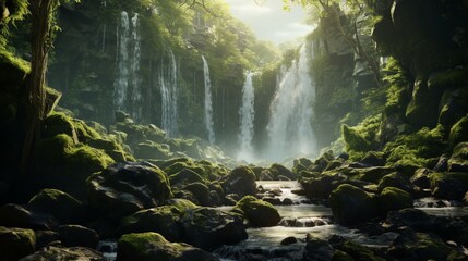 Naklejka na ściany i meble A cascading waterfall, framed by moss-covered rocks, glistening in the dappled sunlight.