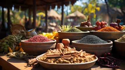 Traditional open-air food market displaying an array of exotic spices and fresh produce - obrazy, fototapety, plakaty