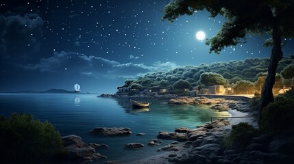 A hidden cove bathed in moonlight, where fishing boats rest beneath the starry night.
