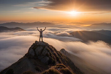A man standing on mountain top triumphantly