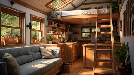 Foto op Canvas The interior of a tiny home featuring a cozy living area, compact kitchen, and lofted bed © Malika