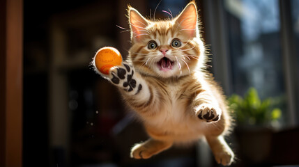 Playful cat caught mid-jump while chasing a toy, capturing the essence of playfulness